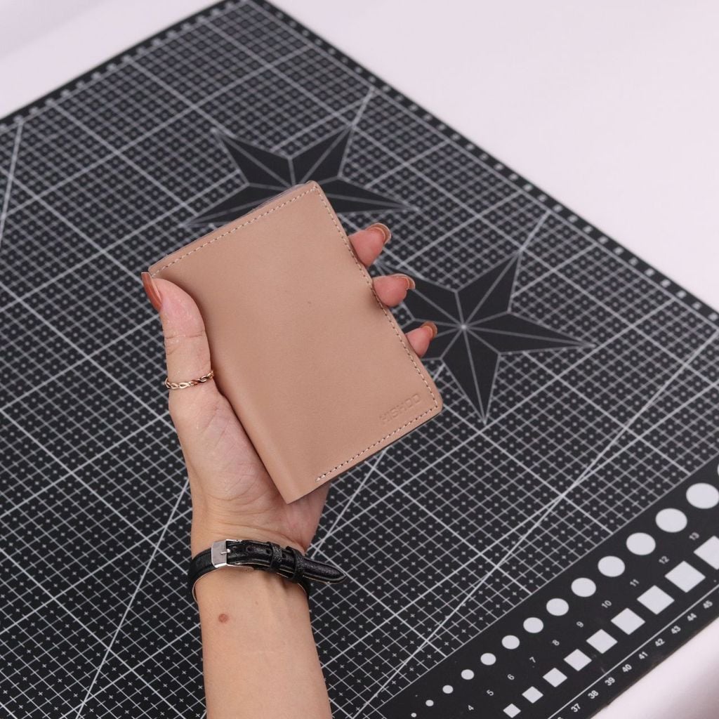 Ví Da Dáng Đứng Nam Nữ Đựng Thẻ [HỒNG KEM] Alpha Da Bò Phụ Kiện Hishoo V004