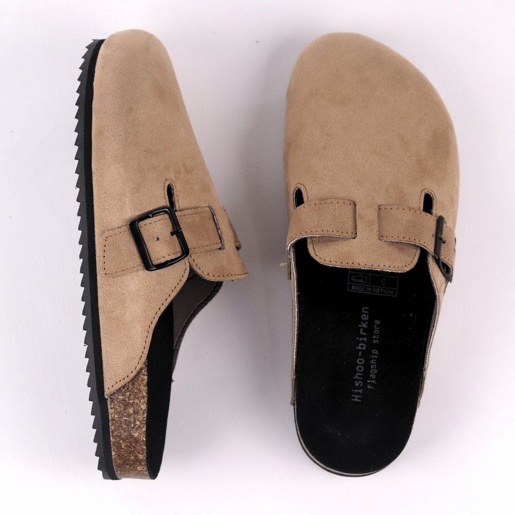 Dép đế trấu sục Boston Xám/ Kem/Bò quai ngang da lộn HISHOO R109
