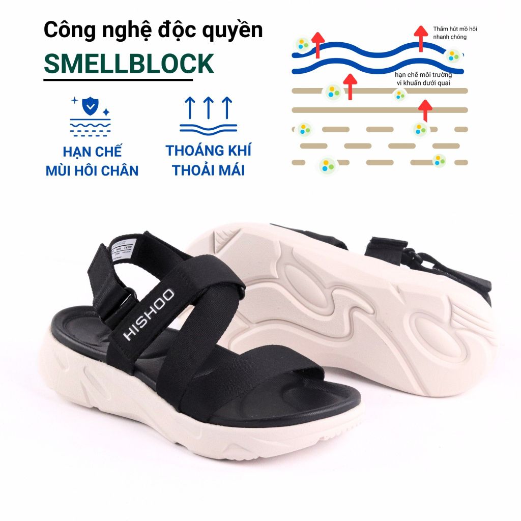 Giày Đi Học Sandal Đế Trắng Mặt Đen Quai Dù HISHOO F002