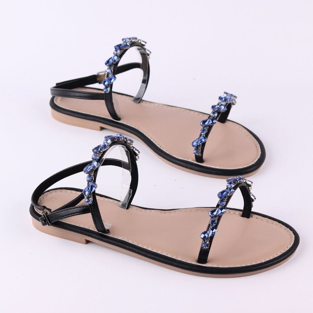 Dép Sandal Nữ Đế Bệt Quai Hậu Dây Mảnh Đính Đá HISHOO S147