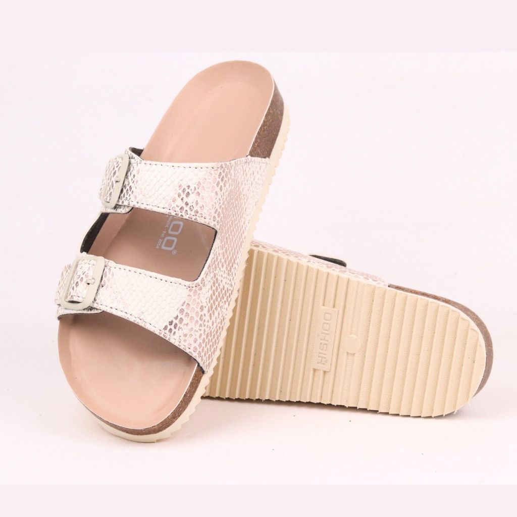 Dép đế trấu birken 2 khoá Kem Vân Rắn premium HISHOO B093