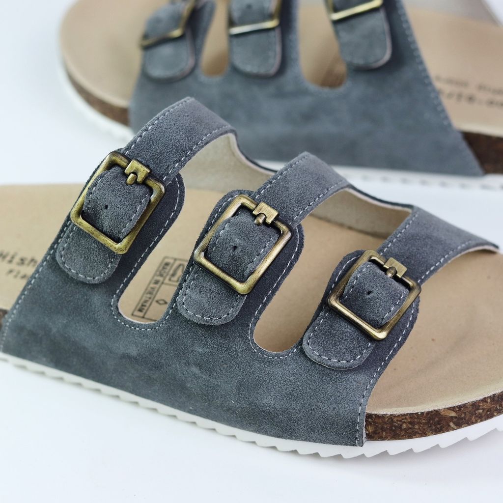 Dép đế trấu birken quai ngang 3 khoá da lộn HISHOO R092