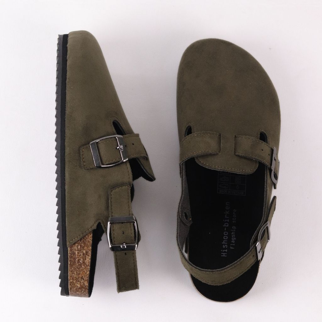 Dép đế trấu Sandal sục Boston Sandal quai ngang Rêu Olive da lộn HISHOO R111
