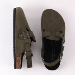 Dép đế trấu Sandal sục Boston Sandal quai ngang Rêu Olive da lộn HISHOO R111
