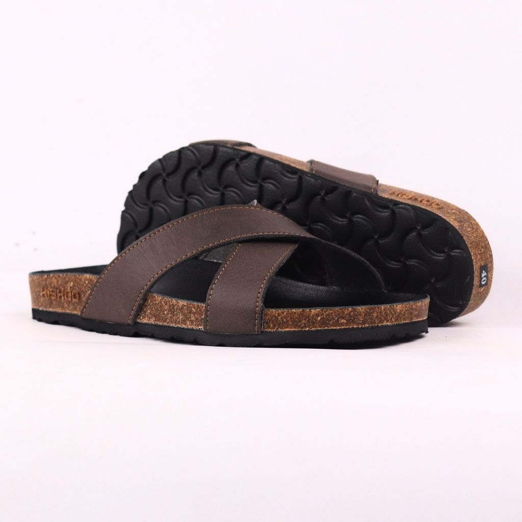 Dép đế trấu birken quai ngang chéo MẶT ĐEN da bò HISHOO M096