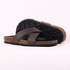 Dép đế trấu birken quai ngang chéo MẶT ĐEN da bò HISHOO M096