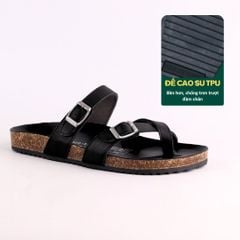 Dép đế trấu birken quai ngang xỏ ngón MẶT ĐEN da bò HISHOO M098