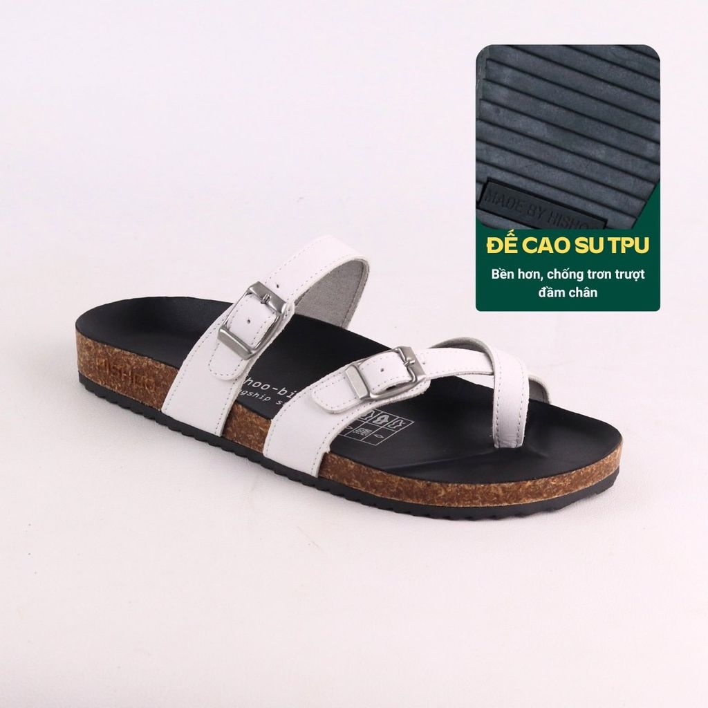 Dép đế trấu birken quai ngang xỏ ngón MẶT ĐEN da bò HISHOO M098