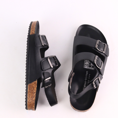 Dép đế trấu Sandal birken 2 khoá da PU mặt đen HISHOO S102