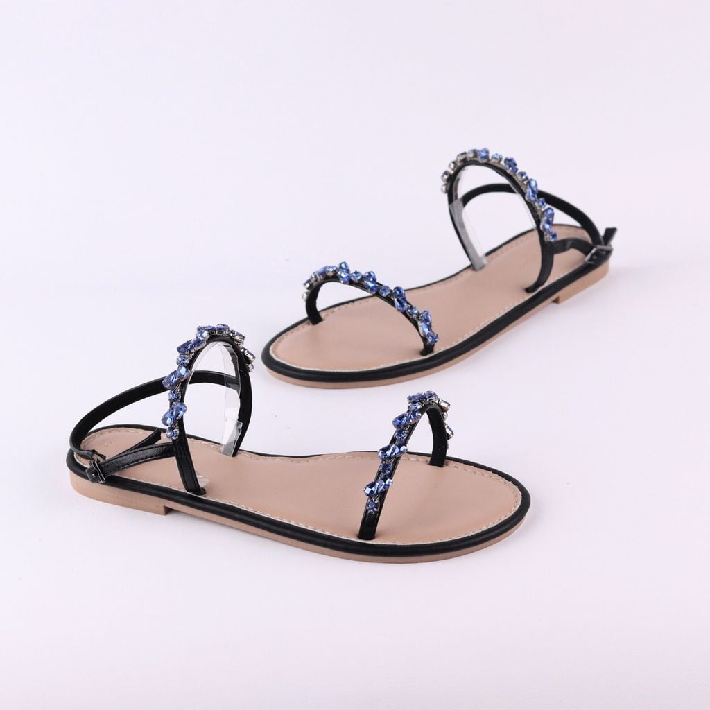 Dép Sandal Nữ Đế Bệt Quai Hậu Dây Mảnh Đính Đá HISHOO S147