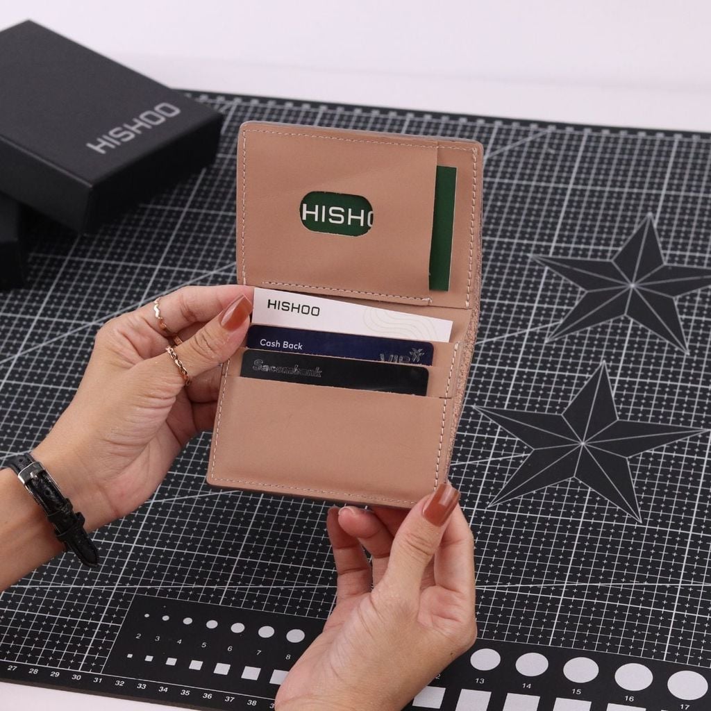 Ví Da Dáng Đứng Nam Nữ Đựng Thẻ [HỒNG KEM] Alpha Da Bò Phụ Kiện Hishoo V004