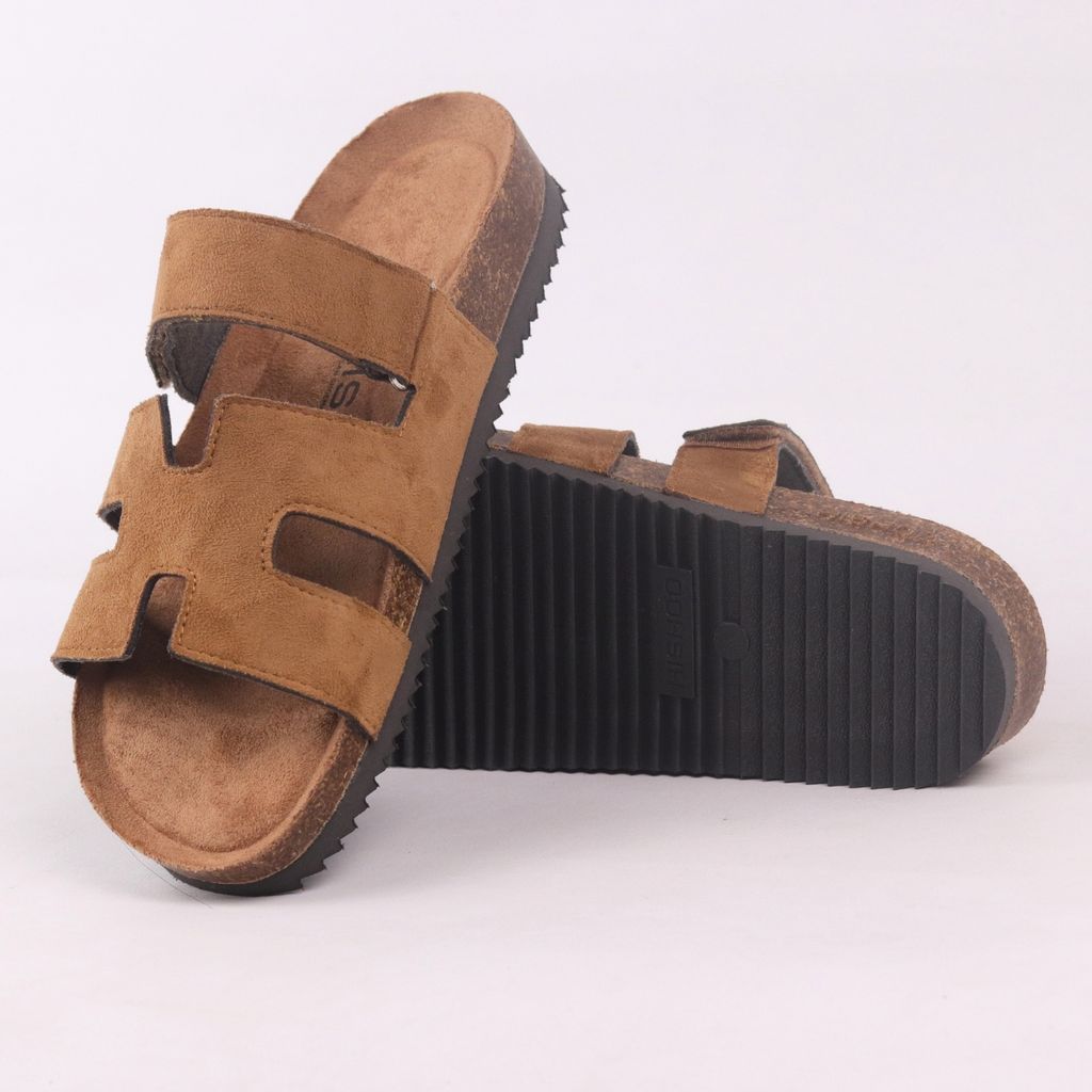 Dép đế trấu birken Chữ H Sandal quai ngang bản, da lộn premium HISHOO H104