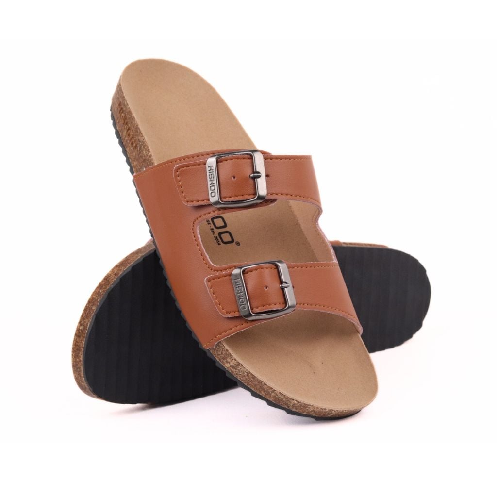 Dép đế trấu birken quai ngang 2 khoá MẶT ĐEN da bò HISHOO M093