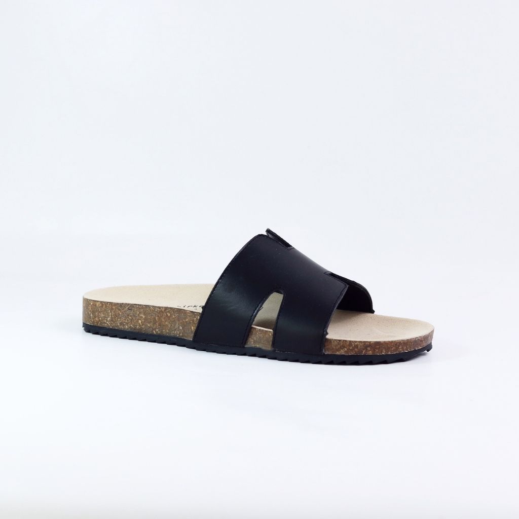 Dép đế trấu birken quai ngang chữ H MẶT ĐEN da bò HISHOO M095