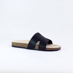 Dép đế trấu birken quai ngang chữ H MẶT ĐEN da bò HISHOO M095