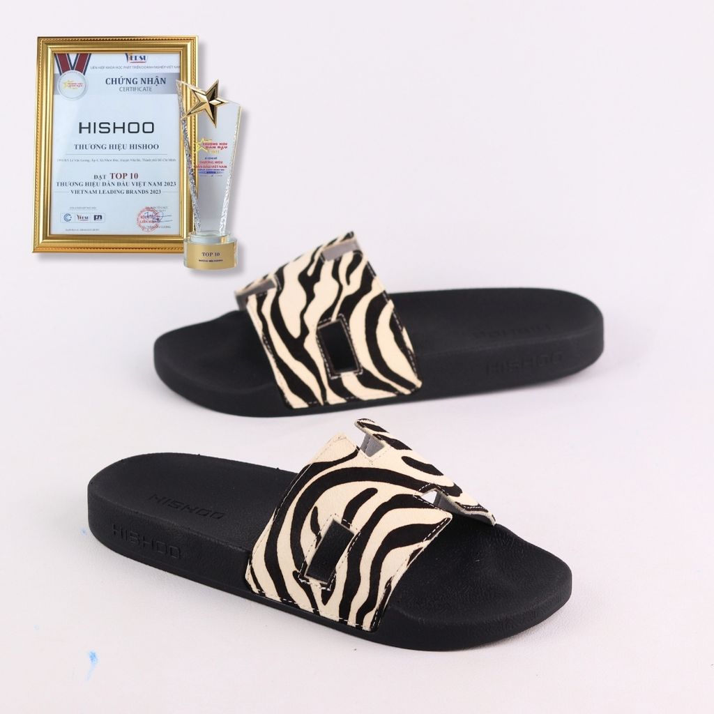 Dép quai ngang Da Ngựa Vằn Cowhide CHỮ H HISHOO U114