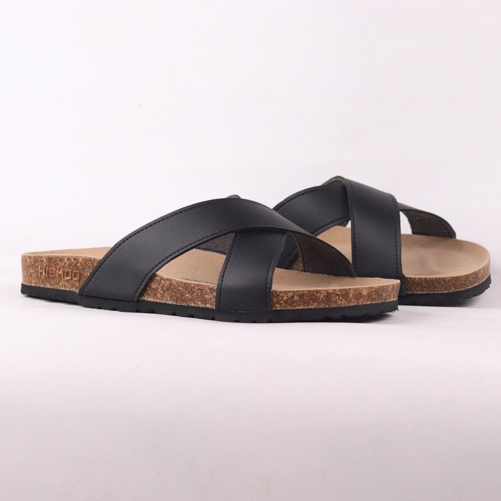 Dép đế trấu birken quai ngang chéo MẶT ĐEN da bò HISHOO M096