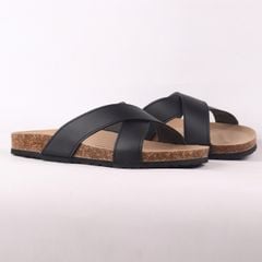Dép đế trấu birken quai ngang chéo MẶT ĐEN da bò HISHOO M096