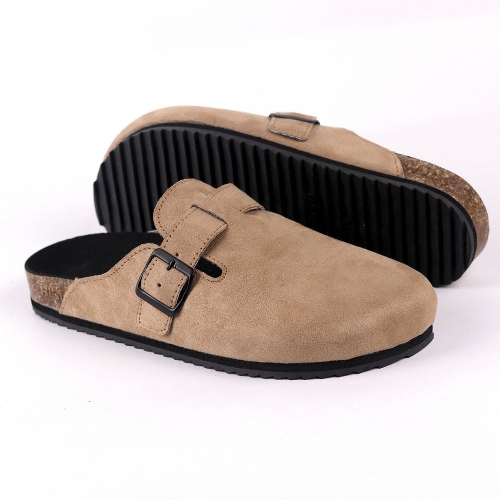 Dép đế trấu sục Boston Xám/ Kem/Bò quai ngang da lộn HISHOO R109