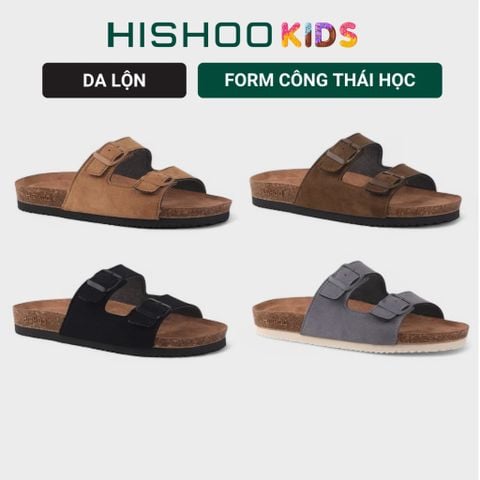 Dép đế trấu birken bé trai bé gái 2 khoá da lộn premium HISHOO H093