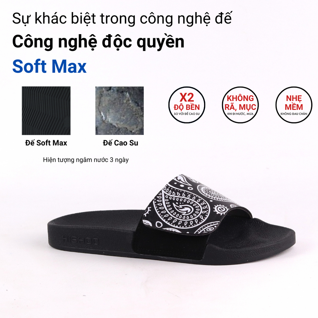 Dép quai ngang da bò Xé dán Bandana Đen HISHOO U115