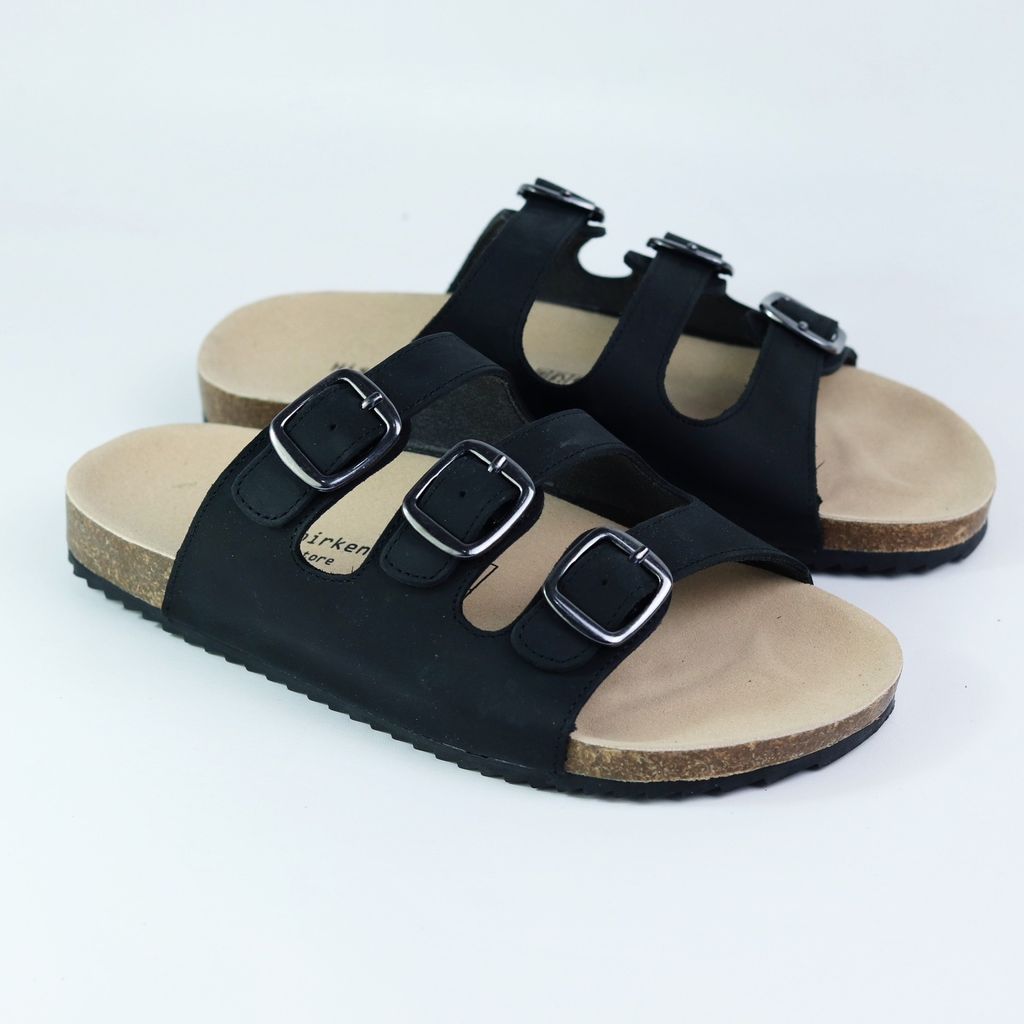Dép đế trấu birken quai ngang 3 khoá da bò HISHOO M092