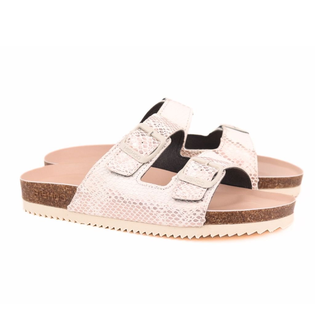 Dép đế trấu birken 2 khoá Kem Vân Rắn premium HISHOO B093