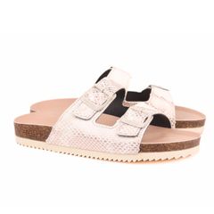Dép đế trấu birken 2 khoá Kem Vân Rắn premium HISHOO B093