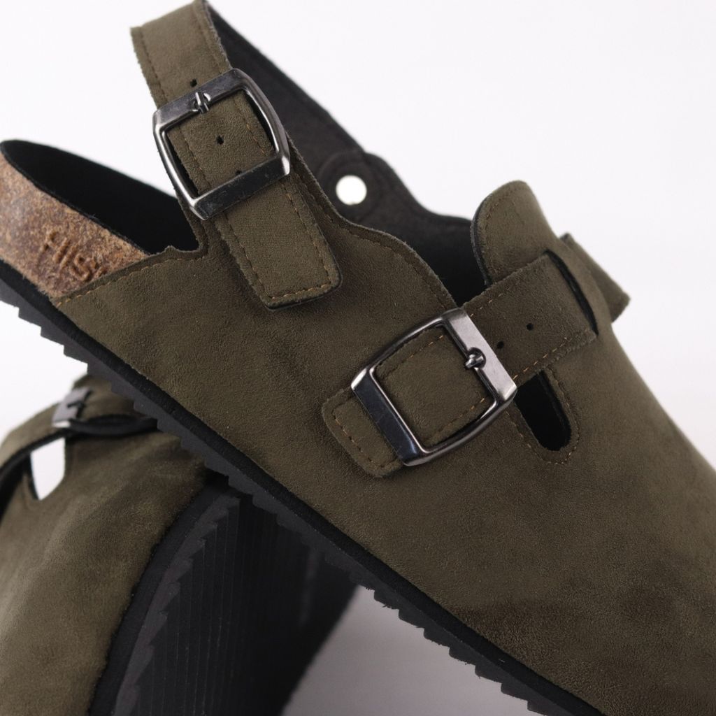 Dép đế trấu Sandal sục Boston Sandal quai ngang Rêu Olive da lộn HISHOO R111