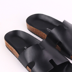 Dép đế trấu birken quai ngang chữ H MẶT ĐEN HISHOO S095