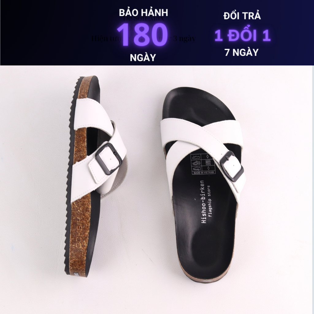 Dép đế trấu birken quai ngang chéo da bò [CÓ KHOÁ] HISHOO M096