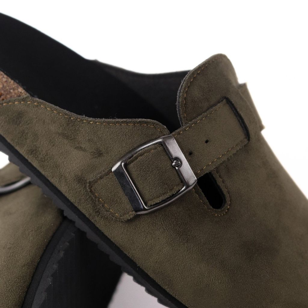 Dép đế trấu sục Boston quai ngang Rêu Olive da lộn  HISHOO R109