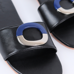 Dép lê nữ quai ngang đính khoá bạc xanh HISHOO S122