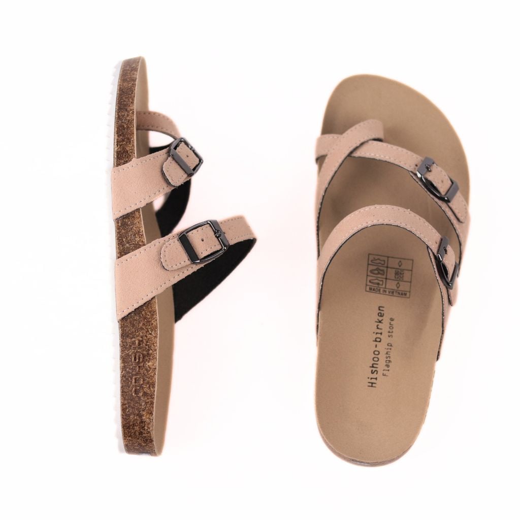 Dép đế trấu birken xỏ ngón 2 khoá da lộn HISHOO R098