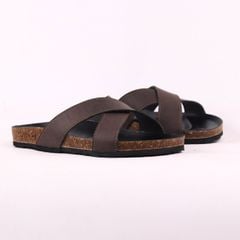 Dép đế trấu birken quai ngang chéo MẶT ĐEN da bò HISHOO M096