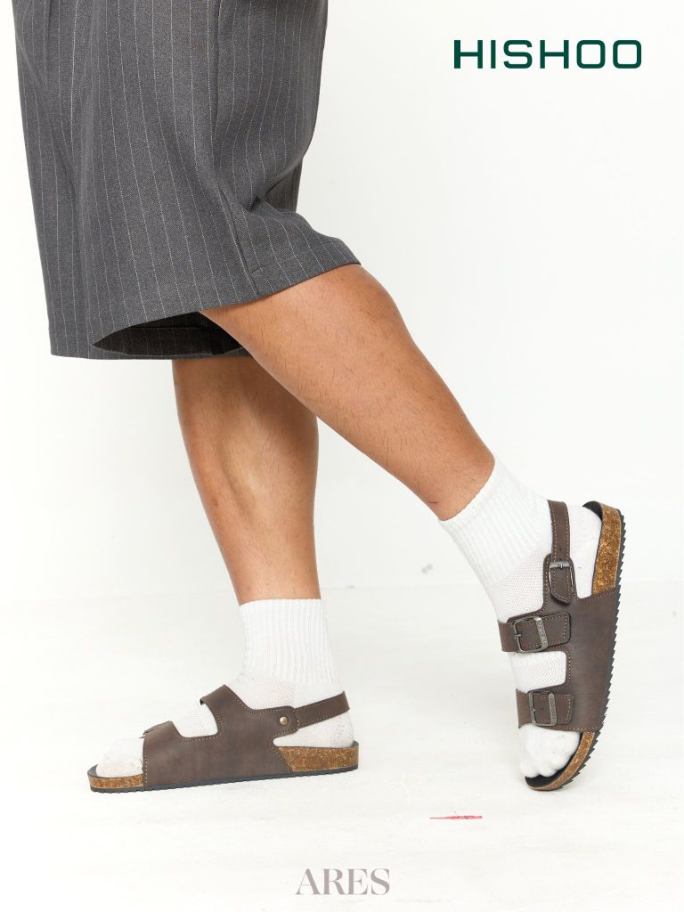 Dép đế trấu Sandal birken quai ngang 2 khoá da bò HISHOO M102