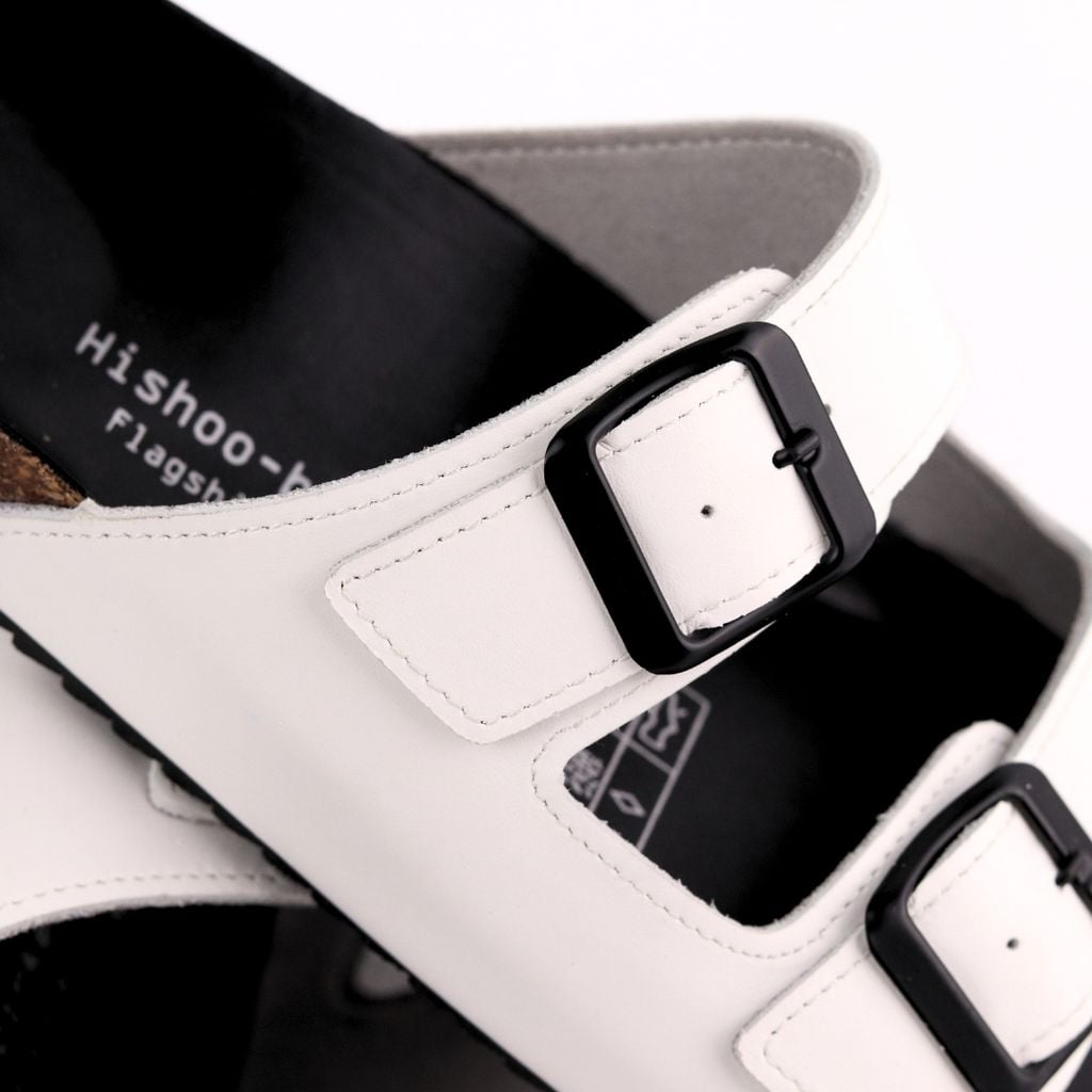 Dép đế trấu birken quai ngang 2 khoá MẶT ĐEN da bò HISHOO M093