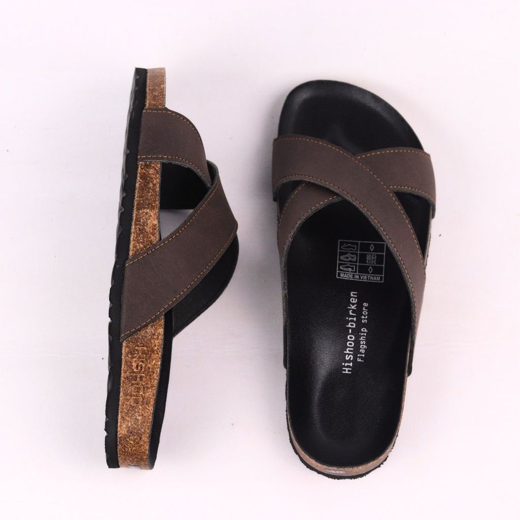 Dép đế trấu birken quai ngang chéo MẶT ĐEN da bò HISHOO M096