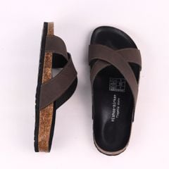 Dép đế trấu birken quai ngang chéo MẶT ĐEN da bò HISHOO M096