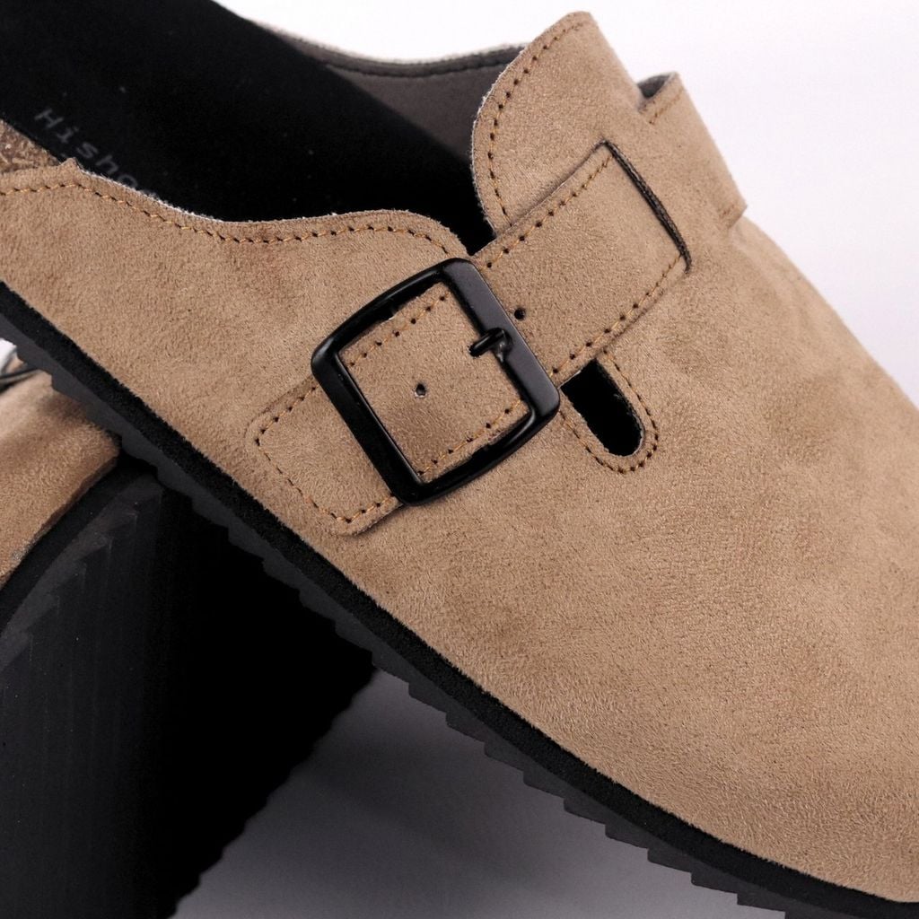 Dép đế trấu sục Boston Xám/ Kem/Bò quai ngang da lộn HISHOO R109