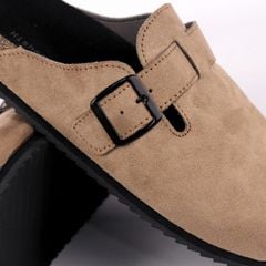 Dép đế trấu sục Boston Xám/ Kem/Bò quai ngang da lộn HISHOO R109