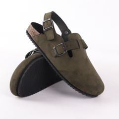 Dép đế trấu Sandal sục Boston Sandal quai ngang Rêu Olive da lộn HISHOO R111