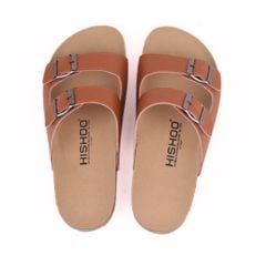 Dép đế trấu birken quai ngang 2 khoá MẶT ĐEN da bò HISHOO M093
