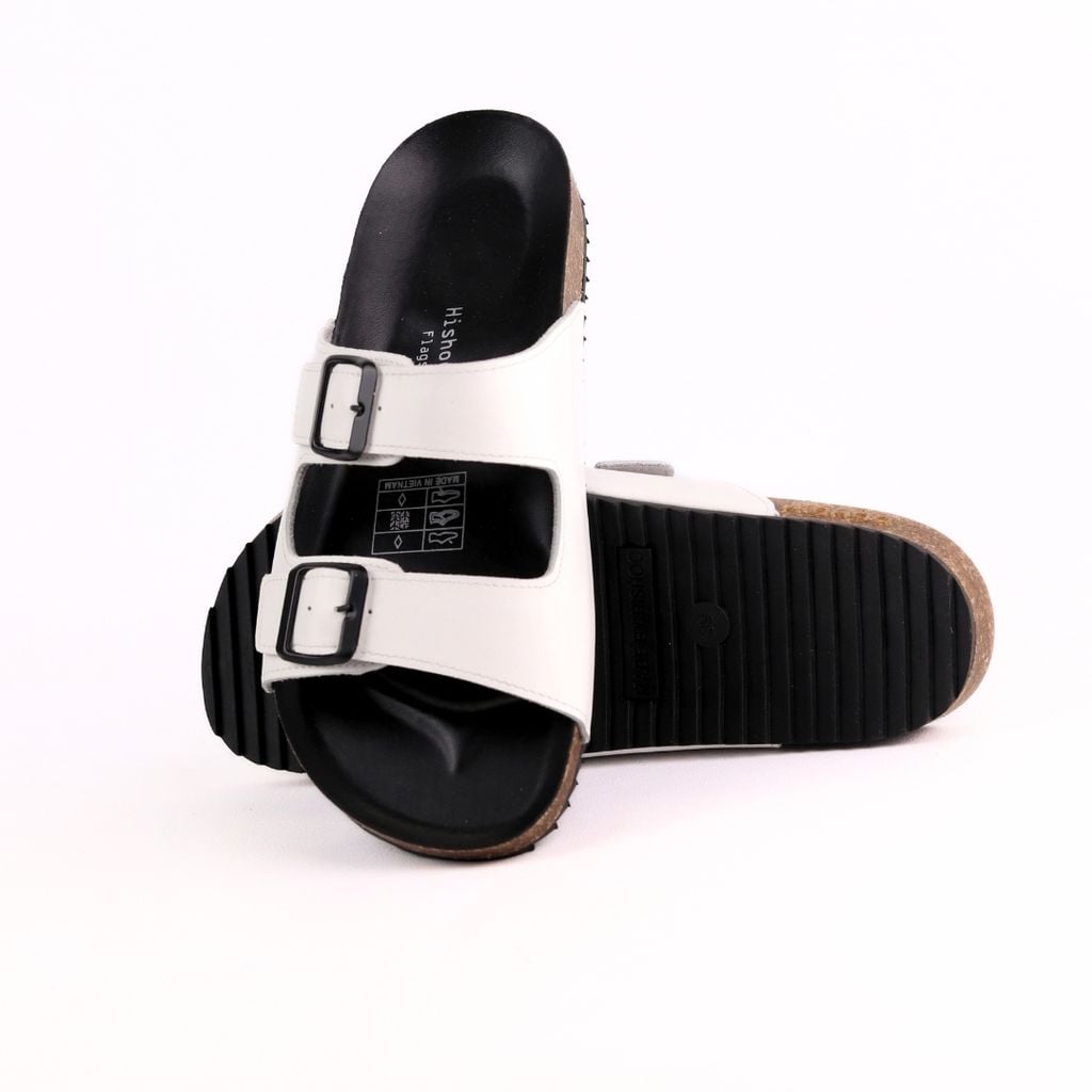 Dép đế trấu birken quai ngang 2 khoá MẶT ĐEN da bò HISHOO M093