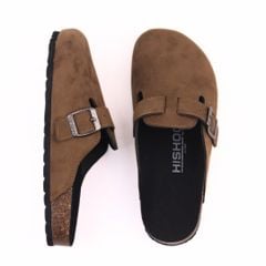 Dép đế trấu sục Boston quai ngang Nâu da lộn HISHOO R109