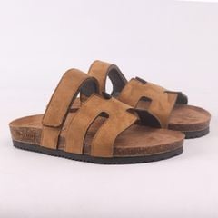 Dép đế trấu birken Chữ H Sandal quai ngang bản, da lộn premium HISHOO H104