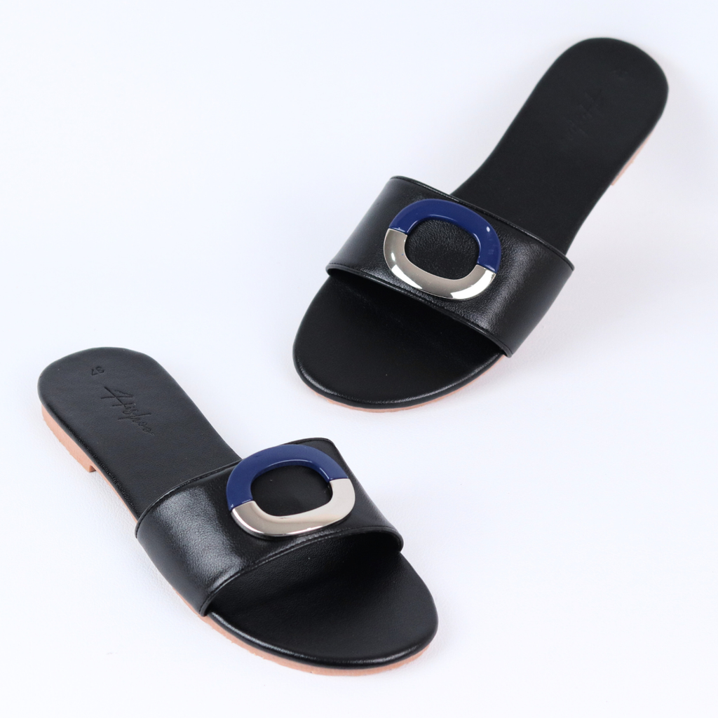 Dép lê nữ quai ngang đính khoá bạc xanh HISHOO S122