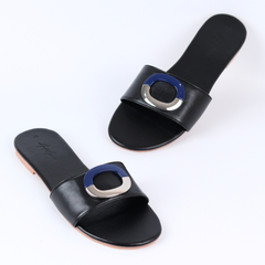 Dép lê nữ quai ngang đính khoá bạc xanh HISHOO S122