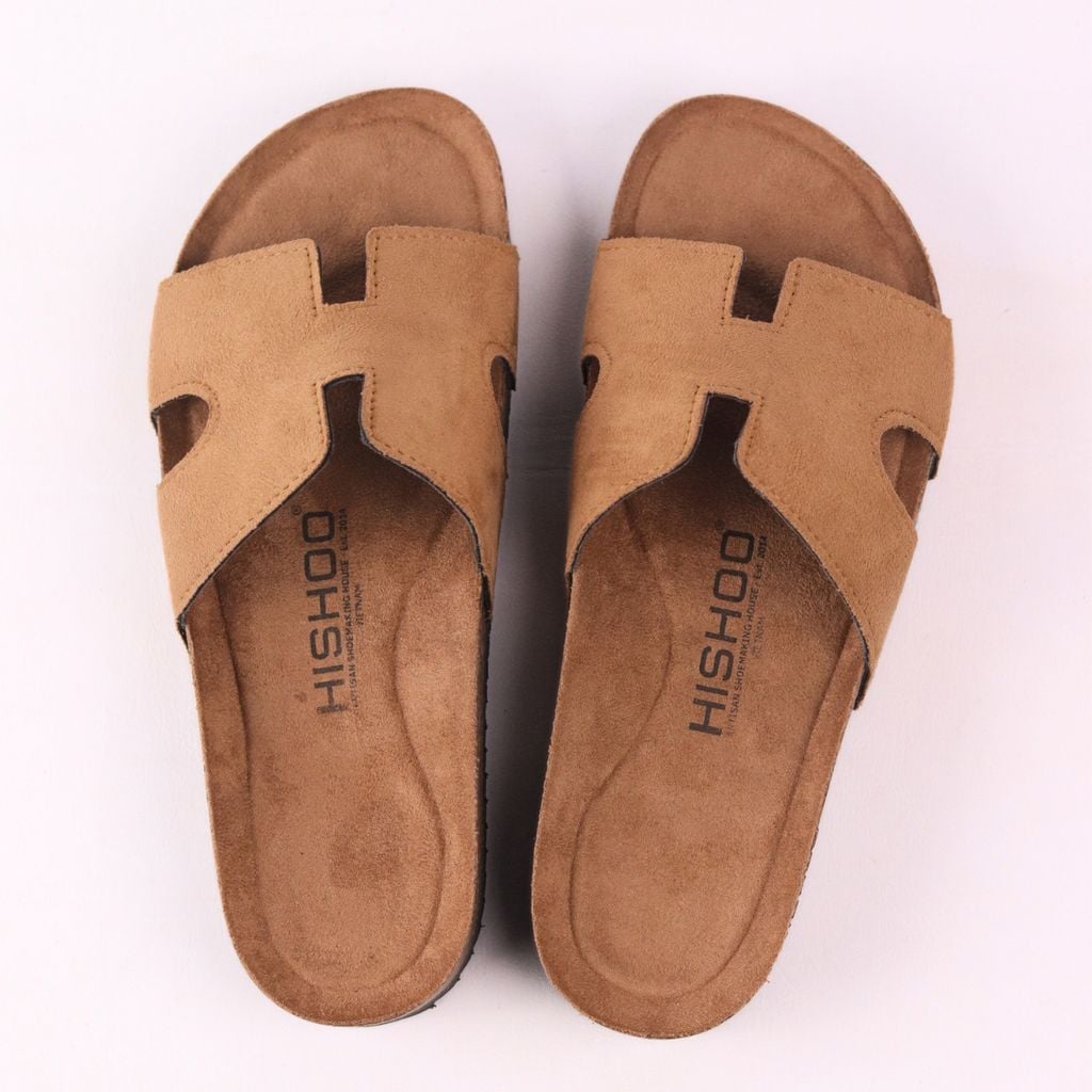 Dép đế trấu birken Chữ H da lộn premium HISHOO H095