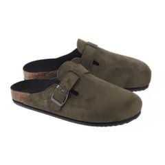 Dép đế trấu sục Boston quai ngang Rêu Olive da lộn  HISHOO R109